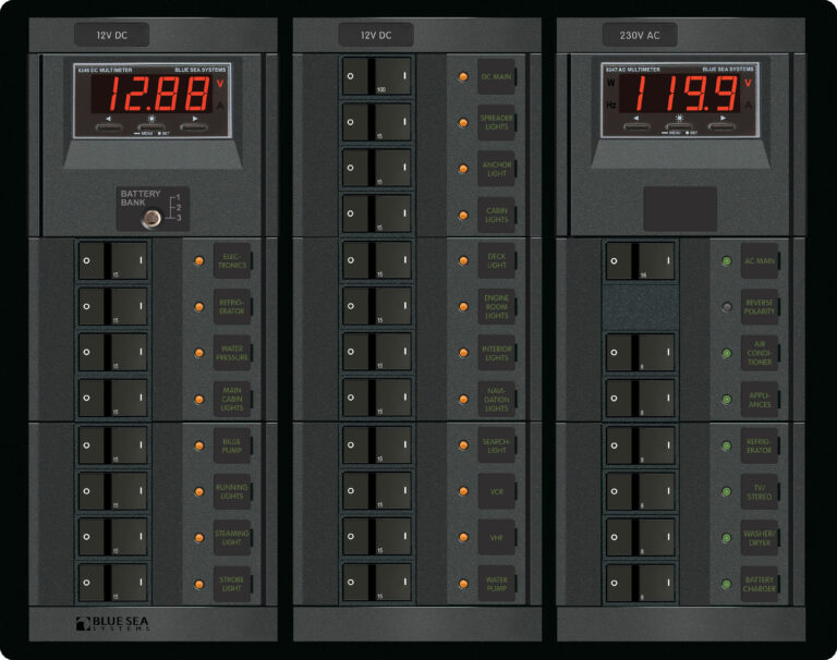 „Blue Sea Systems“ valdymo skydelis 360, 230 V kintamosios srovės, 8 V / 12 V nuolatinės srovės, 20 V kintamosios srovės, DMMS, FR